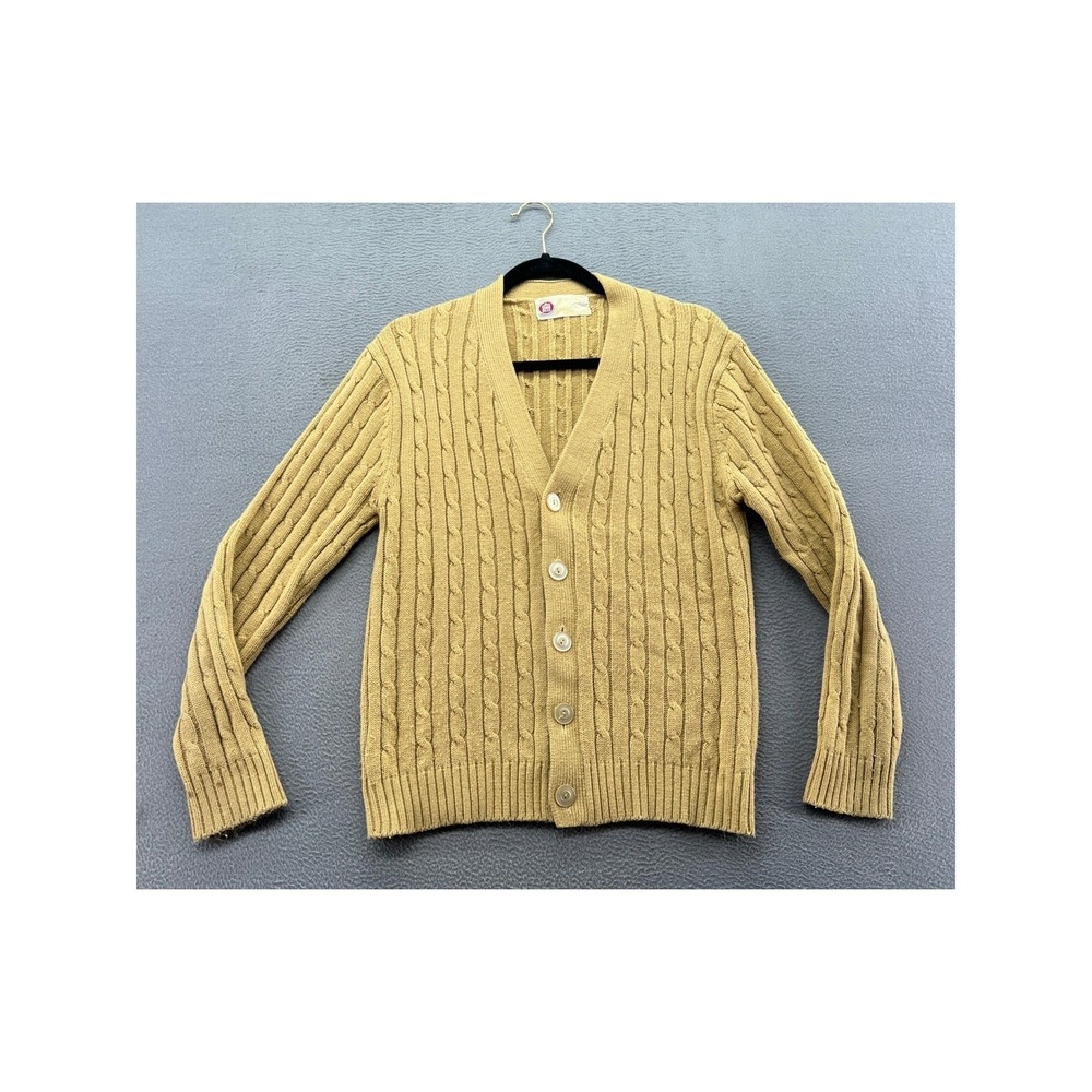 Vintage Kings Road Sears Mens Cardigan Sweater Mustard Tan Cable Knit Medium